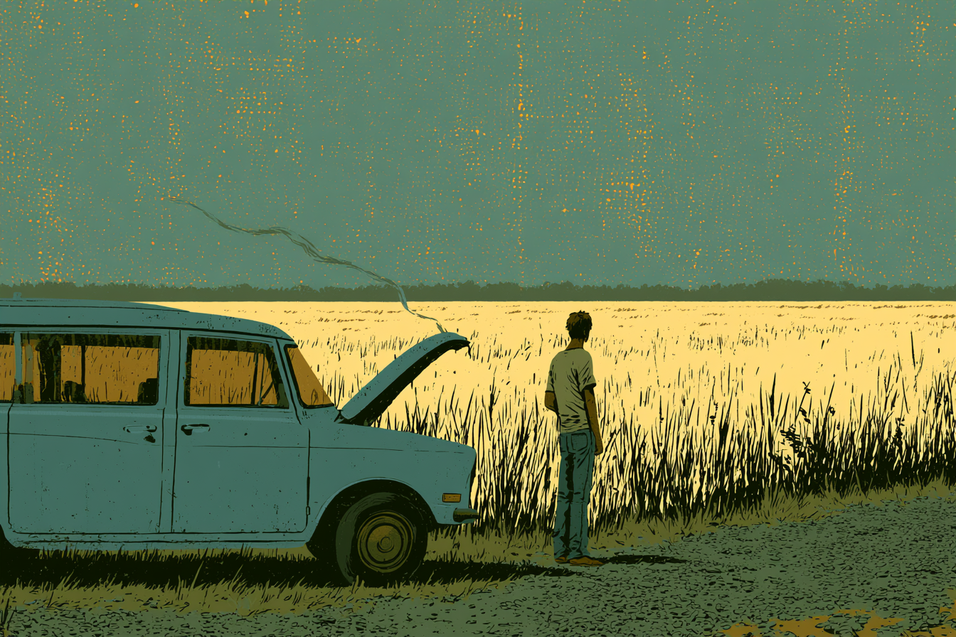 Cover illustration for Issue No. 3: a young man beside a stranded light-blue minivan with its hood up on an empty rural Kentucky road in the summer heat.