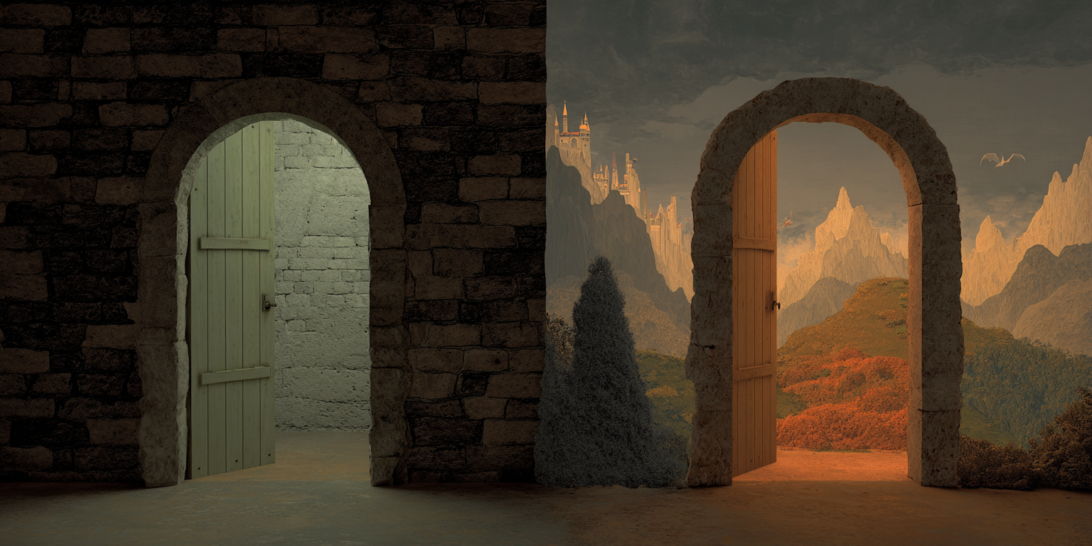 Two stone doorways side by side: one opening onto a plain, cold room, the other onto a golden fantasy landscape of mountains and a distant castle.